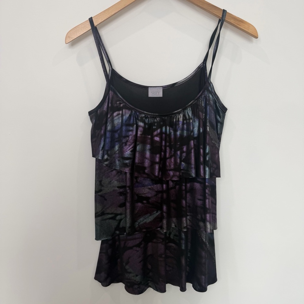 Suzy Shier Black & Metallic Purple Tiered Party Top – Y2K Vibe (Size Small) 💜🖤✨